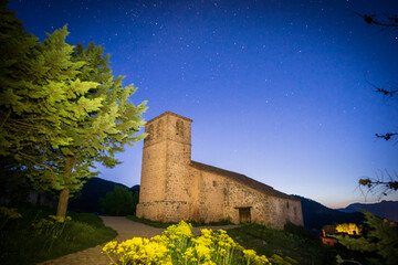 old church of the Holy Spirit and starry sky, stellar viewing point of the star route in Sierra de Segura, Riópar Viejo ,Albacete province, Castilla-La Mancha, Spain