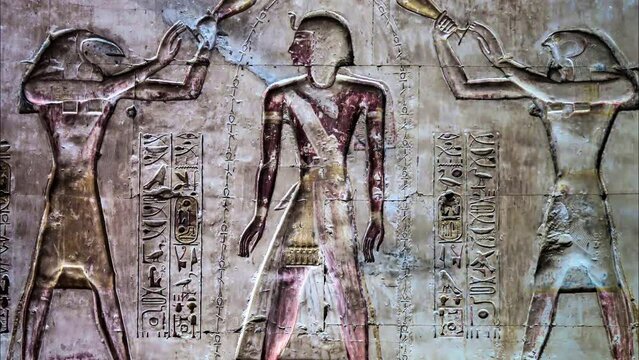 Abydos, Temple of Seti I, Gods Thoth and Horus blessing Ramses II.