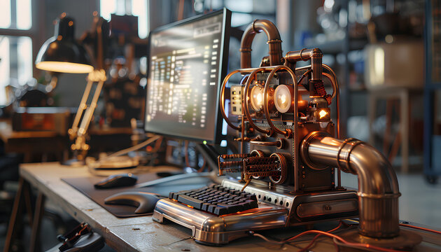 computer in steampunk style on a table on a blurred background of the room