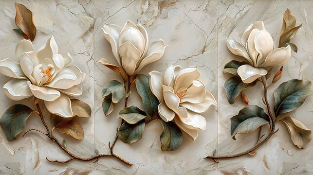 Luxury wall decoration with three panels of marble each adorned with a single bold magnolia and feather motifs