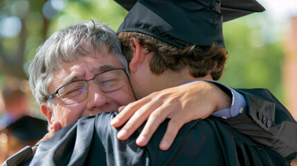 A graduate embraces their emotional parent in a heartfelt moment of pride and gratitude.
