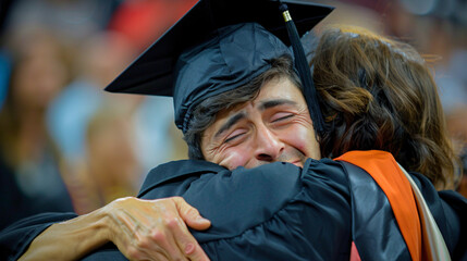 A graduate embraces their emotional parent in a heartfelt moment of pride and gratitude.
