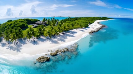 Aerial view of beautiful island with white sand and turquoise ocean