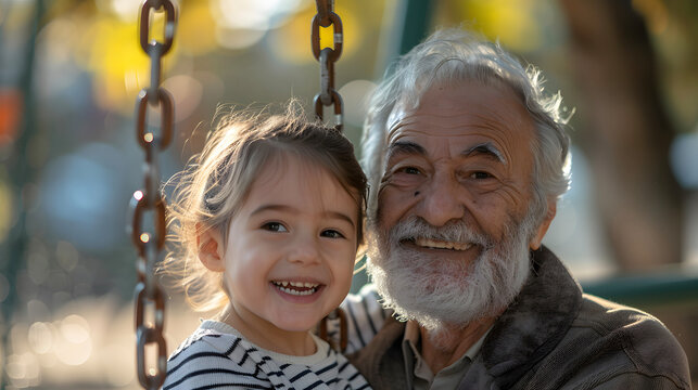 Grandfather with white beard and hair, with gray hair, with his granddaughter on a swing in a playground