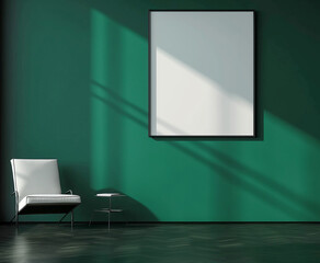 Modern room, the wall is painted malachite green, rectangular layout in a white frame on the wall, on the left there is a white chair and a dark floor, minimalism