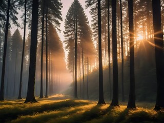scenic panorama of a beautiful forest and the rays of the sun breaking through the trees