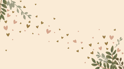 A light-colored background adorned with a beautiful arrangement of leaves and hearts. On the left side, there's a cluster of green leaves, while on the right, there's a mix of green and brown leaves. 