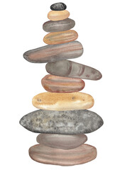 Fototapeta na wymiar Hand painted watercolor cairns, Watercolor stone pyramids on white background