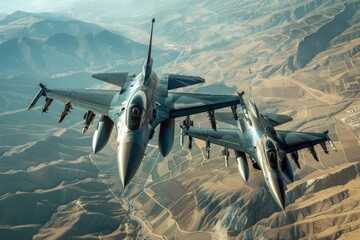 Military jet fighters engage in dissimilar air combat training with rockets and bombs