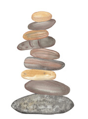 Hand painted watercolor cairns, Watercolor stone pyramids on white background