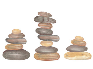 Hand painted watercolor cairns, Watercolor stone pyramids on white background