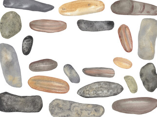 Watercolor nature sea stones, sea pebbles, brown rocks on a white background. - obrazy, fototapety, plakaty
