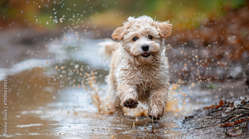 Poster A playful puppy splashing in a puddle, reveling in the simple pleasures of life with infectious enthusiasm.