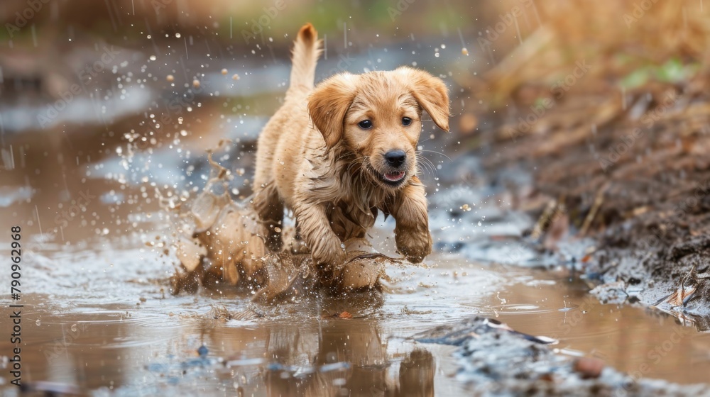 Poster A playful puppy splashing in a puddle, reveling in the simple pleasures of life with infectious enthusiasm.