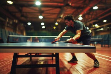 Dynamic table tennis match perspective, Dynamic table tennis match perspective, Table tennis player in action during game, Ai generated, Ai generated - obrazy, fototapety, plakaty