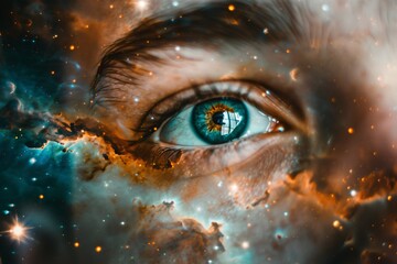 Mysterious eyes reflecting a nebula blending human features with the cosmos symbolizing universal insight - obrazy, fototapety, plakaty