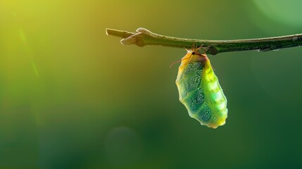 Close-up of a translucent chrysalis suspended from a twig, with a smooth green gradient backdrop highlighting its fragile and temporary beauty as it prepares for transformation