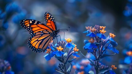 A striking close-up of a Monarch butterfly, its orange wings vibrant against the deep blue Lobelia flowers, perfectly illustrating the natural allure and importance of pollinators