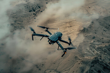 Military drone flying over a ground where fighting is taking place