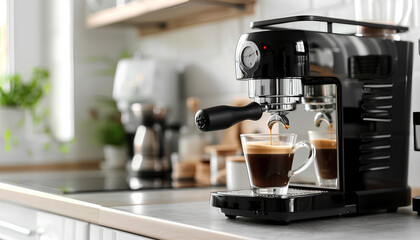 Modern coffee machine with glass cup of hot espresso on table in kitchen - obrazy, fototapety, plakaty