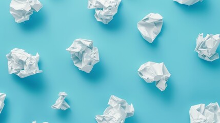 A striking visual of white crumpled paper set against a calming pastel blue background, ideal for illustrating concepts of mistake, frustration, or artistic creation