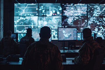 Military command center with TV screens with surveillance