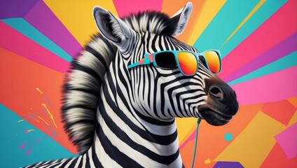 Fototapeta na wymiar Portrait of a Party Zebra with Headphones and Sunglasses on a Colorful Abstract Background.