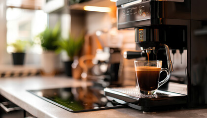 Modern coffee machine with glass cup of hot espresso on table in kitchen - obrazy, fototapety, plakaty