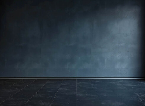 An empty dark blue wall with a shadow in the left corner and a dark tiled floor. Designer advertising, minimalism.