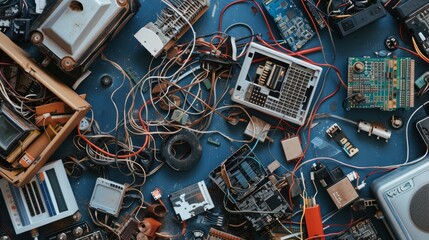 Assorted electronic waste items, including discarded components and tangled wires, displayed on a deep indigo background, emphasizing the need for proper e-waste recycling
