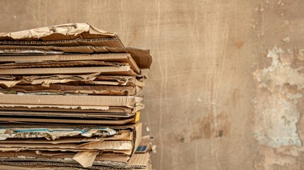 Close view of stacked brown cardboard, the layers and textures sharply captured against a muted beige wall, emphasizing the importance of recycling in reducing waste