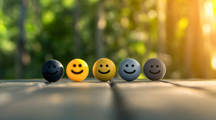 Group of five positive and happy smileys on a wooden surface on a sunny day. Satisfaction and...