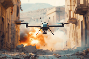 Military drone flying over a ground where fighting is taking place