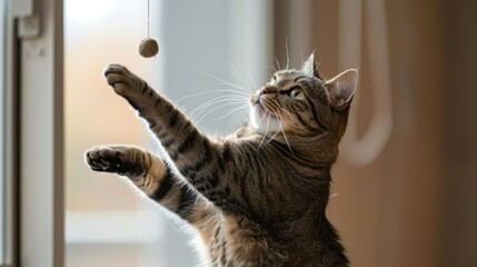 A plump cat playfully batting at a dangling toy, its pudgy form adding an adorable touch to its playful antics.
