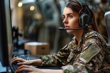 Military support gives commands and instructions using headset