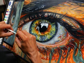 A painting of a person's eye with a brush in their hand - obrazy, fototapety, plakaty
