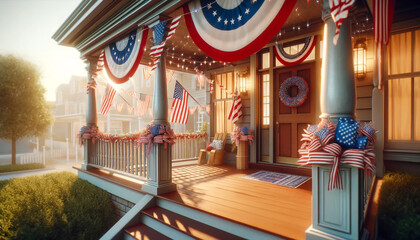 Fourth of July decorated porch. An image of the front porch of a home elaborately decorated for Independence Day. An attractive setting that conveys the festive spirit of the holiday.