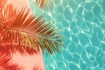 Palm leaves above the pool. The concept of summer, relaxing on vacation, traveling to the sea, sunbathing on the beach under the sun