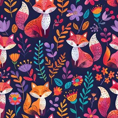 Lovely, pretty pattern of foxes and flowers, leaves. For fabric, silk, printing.	
