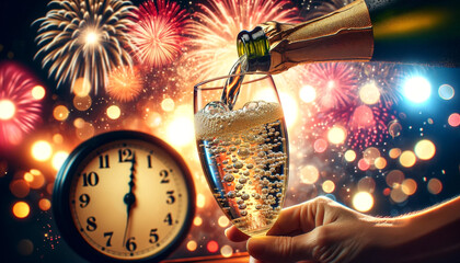 Filling a glass of sparkling wine or champagne against a blurred background of a clock striking midnight. The image conveys the vibrant colors and joy of moving into the New Year.