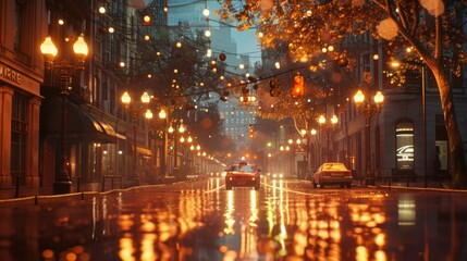Fototapeta na wymiar A rain-soaked city street illuminated by the warm glow of streetlights, casting reflections in the shimmering pavement.