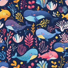 Lovely, pretty pattern of whales and flowers, leaves. For fabric, silk, printing.	