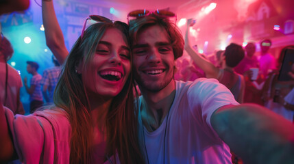 Happy young couple taking a selfie while dancing at a night club party with friends having fun and celebrating, pink light in the background