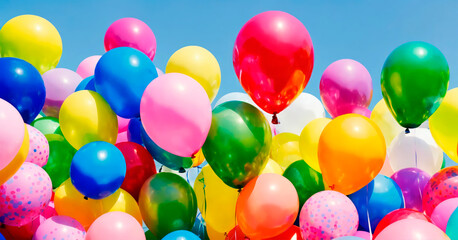 Sea of colorful balloons under a blue sky, ideal for festive themes, symbolizing celebration and cheerful moods