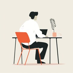 A stylized, minimalist illustration of a person sitting at a desk, engrossed in work on a laptop, with a plant and coffee cup beside them.