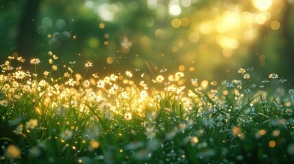 Fototapeta premium Grassy foreground, blades of grass appear as blurry balls of light