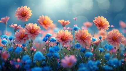 Meadows with colorful wildflowers creating a blurry background - obrazy, fototapety, plakaty