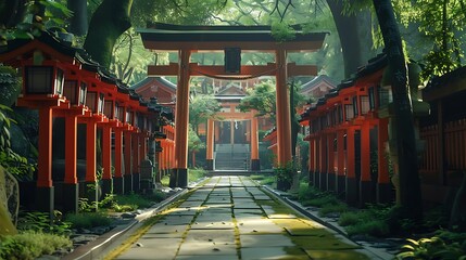 Scenic images of beautiful torii gates and lanterns in...