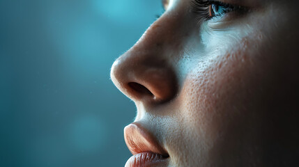 Close up of a beautiful young woman's face with wet skin.
