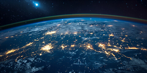 Beautiful Earth space view by night with sun on horizon with copyspace. Science background